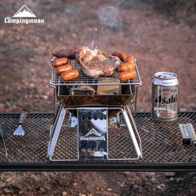 CAMPINGMOON Parrilla de acero inoxidable ultra pequeña para parejas, parrilla de barbacoa portátil de madera y carbón mini familiar para 1-2 personas, parrilla de barbacoa portátil X-MINI