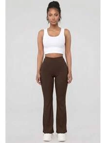 Women's Solid Color Rib Knit High Waisted Flare Pants For All Season Casual Basic Woman Pants - Chocolate Brown - View 1