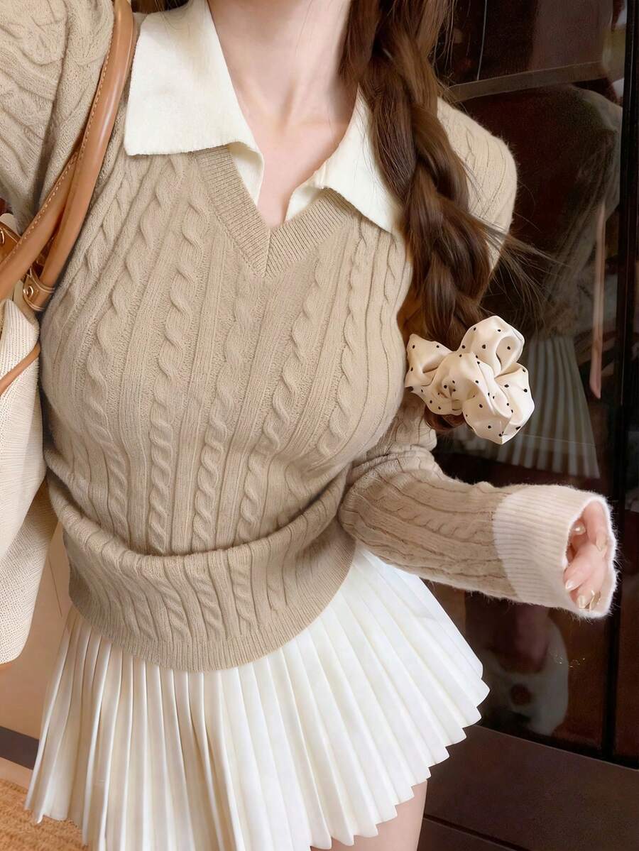 Autumn/Winter Sweet & Sexy Dark Color Contrast Rib Knit V-Neck Fitted Long Sleeve Women Sweater, Suitable For Christmas, New Year, Outings, Commuting, Dates - Khaki - View 1