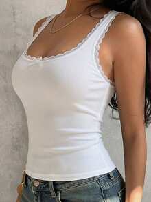 2pcs/Set Women's Sexy Sheer Lace Patchwork Ribbed Camisole Vest - Multicolor - View 4