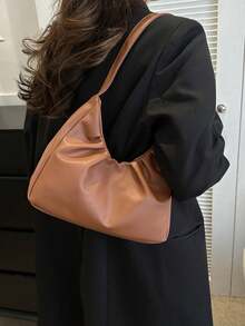 Fashionable One Shoulder Bag, Spring/Autumn New Arrival, Solid Color Pleated Fresh Handbag, Underarm Bag With Texture - Brown - View 3