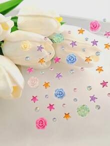 1pc Macaron Rose Starry Face Decorative Rhinestone Sticker, Colorful Soft Gel Rose + Holographic Star Rhinestone Design, Waterproof & Long-Lasting, Suitable For Hanfu, Sweet Girl, Music Festival Makeup,Concert Look,Face Gems,Rhinestone Face Sticker - Multicolor - View 7