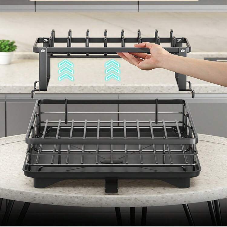 Bộ giá phơi bát đĩa 2 tầng lớn màu trắng, bao gồm khay hứng nước, khung kim loại, kệ kính, giá đựng dao kéo và thảm phơi bổ sung - Phụ kiện nhà bếp hoàn hảo giúp phơi khô và sắp xếp bát đĩa hiệu quả. - màu đen - Xem 5