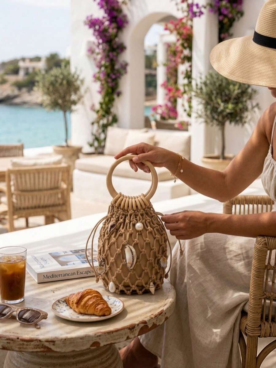 Handwoven Straw Beach Bag, Women's Summer Tote Bag, Hollow Round Top Woven Bag, Beach Vacation Accessory - Khaki - View 1