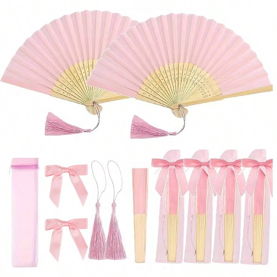 3件套婚礼手扇礼盒,女士折叠手扇,粉色蝴蝶结,流苏,透明欧根纱袋,婚礼派对装饰,派对用品,小礼物,适用于婚礼、新娘送礼会、伴娘拍照道具、节日等场合。 - 彩色 - 查看 1