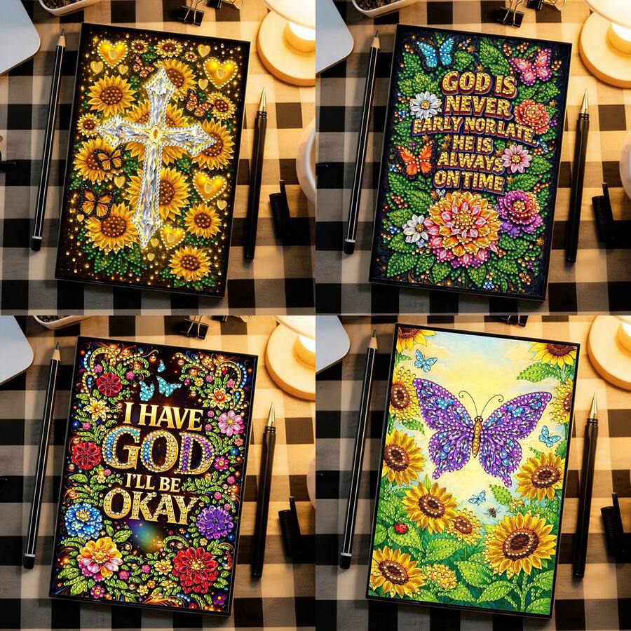 Bộ tranh đính đá 5D tự làm hình dạng đặc biệt, gồm 1/4 cuốn sổ tay, họa tiết hoa hướng dương, thánh giá, bướm và lời chúc phúc trong Kinh Thánh, bìa giả da sáng tạo, bộ tranh đính đá nghệ thuật, sổ nhật ký A5 khảm, sổ phác thảo, sách nghệ thuật, bộ quà tặng thủ công độc đáo phù hợp làm quà tốt nghiệp và sinh nhật.