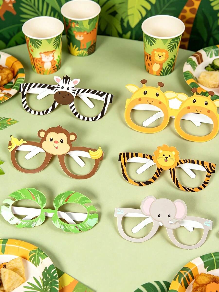 6pcs Jungle Animal Paper Glasses, Safari Theme Birthday Party Decor, Zoo Theme Party Favors, Photo Booth Props For Baby Shower And 1st Birthday Party, Zebra Giraffe Lion Monkey Elephant Design Party Supplies