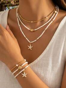 Bộ 6 vòng tay và dây chuyền phong cách Bohemian đa năng hình sò điệp, sao biển và hạt cườm, trang sức thường ngày, đi biển và du lịch. - Vàng - Xem 1