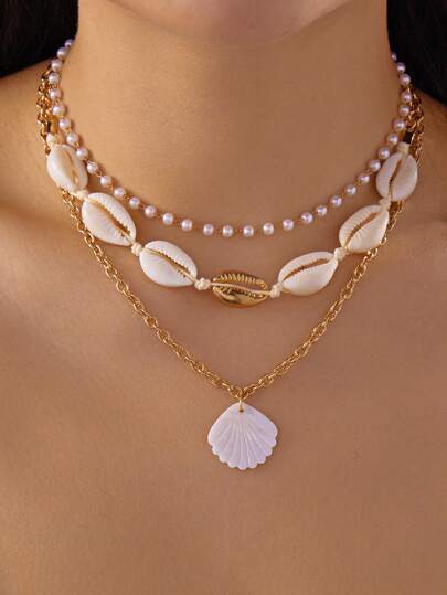 Bộ 3 vòng cổ hạt vỏ sò phong cách Bohemian - Dây chuyền đeo cổ kiểu dáng mùa hè, thích hợp cho kỳ nghỉ biển và bãi biển.