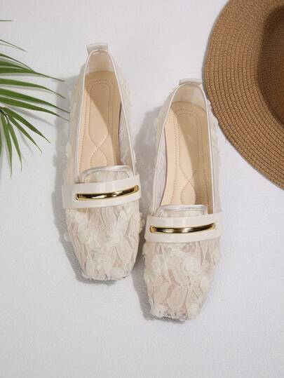 女士蕾丝花卉平底鞋 – 方头透气网面乐福鞋，配金色搭扣，夏季日常休闲套脚鞋