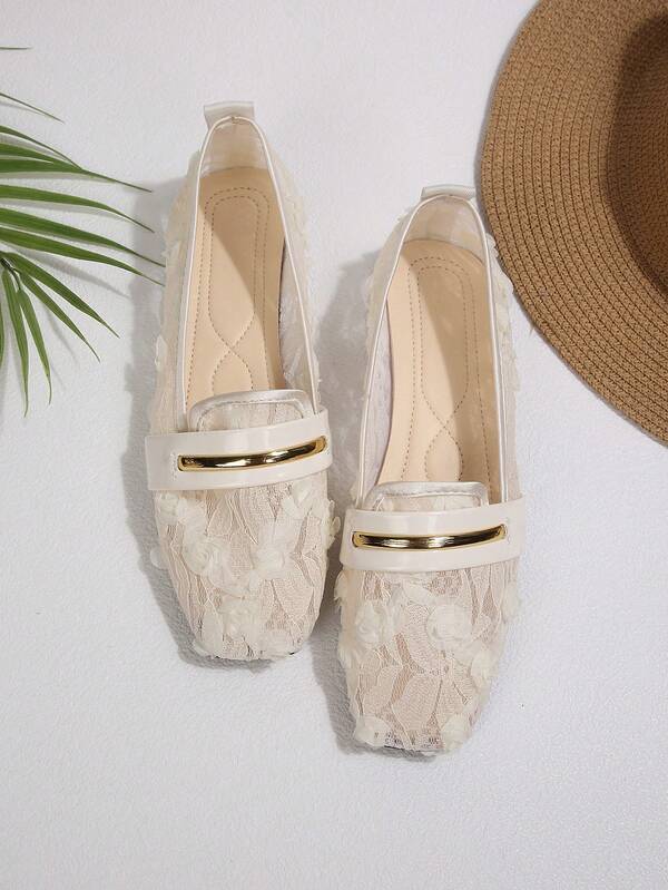 Bailarinas de mujer con encaje y flores - Mocasines de malla transpirable con punta cuadrada y hebilla dorada, zapatos casuales de slip-on para uso diario en verano