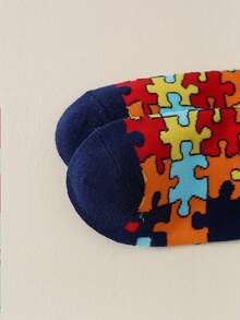 1 Pair Men's Mid-Calf Socks, Colorful Puzzle Print Pattern Knitted Crew Socks, Breathable Casual Socks, & Fun Personalized Socks For Daily Wear - Multicolor - View 5