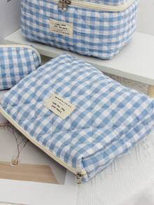1pc Checkered Makeup Bag, Cute Blue Makeup Bag Set, Home Decor, Large Capacity Handbag, Blue Checkerboard Cosmetic Bag, Suitable For Storing Makeup Brushes, Lotions, Cleansers, Lipsticks, Nail Care, Salon, Travel Essentials - Blue - View 8