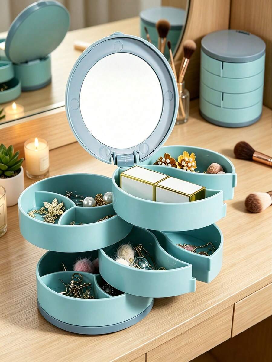 1 Hộp đựng trang sức xoay 4 tầng kích thước 10x10cm/3.94x3.94in có gương, hộp đựng trang sức bằng nhựa PP, hộp đựng đồ trang điểm di động, kiểu dáng tối giản hiện đại, hai tông màu hồng/nâu, hình trụ tròn, xoay 360°, gương HD tích hợp để đựng bông tai, dây chuyền, mỹ phẩm. - Nhiều màu - Xem 1