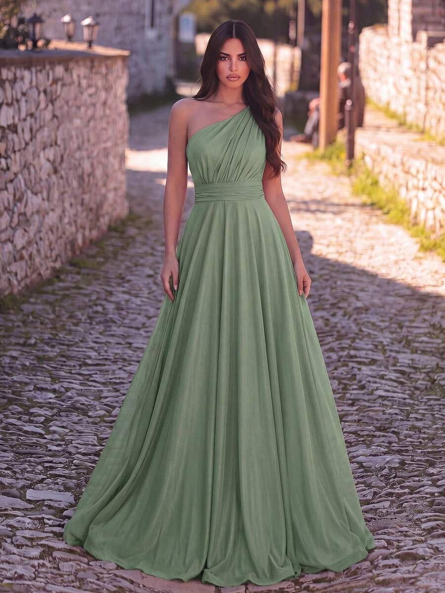 Faeriesty 优雅单肩长款晚礼服，收腰设计，裙摆飘逸，适合红毯、盛大晚宴、婚礼、奢华派对（如婚宴、化装舞会、秘密花园派对、正式晚宴、黑领结活动、毕业舞会和生日派对）等场合，春夏皆宜。 - 薄荷綠 - 查看 1