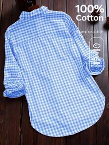 Women's Casual Vintage Plaid Long Sleeve Collared Button-Up Shirt, Spring/Summer - Light Wash - View 5