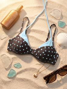 Bộ bikini chấm bi nữ, xanh dương và nâu, đồ bơi thể thao thường ngày, trang phục đi biển mùa hè, áo bikini lửng thanh lịch, phong cách nghỉ dưỡng, phong cách lễ hội âm nhạc Y2K, trang phục đi biển phong cách boho mùa xuân/hè. - xanh nâu - Xem 3