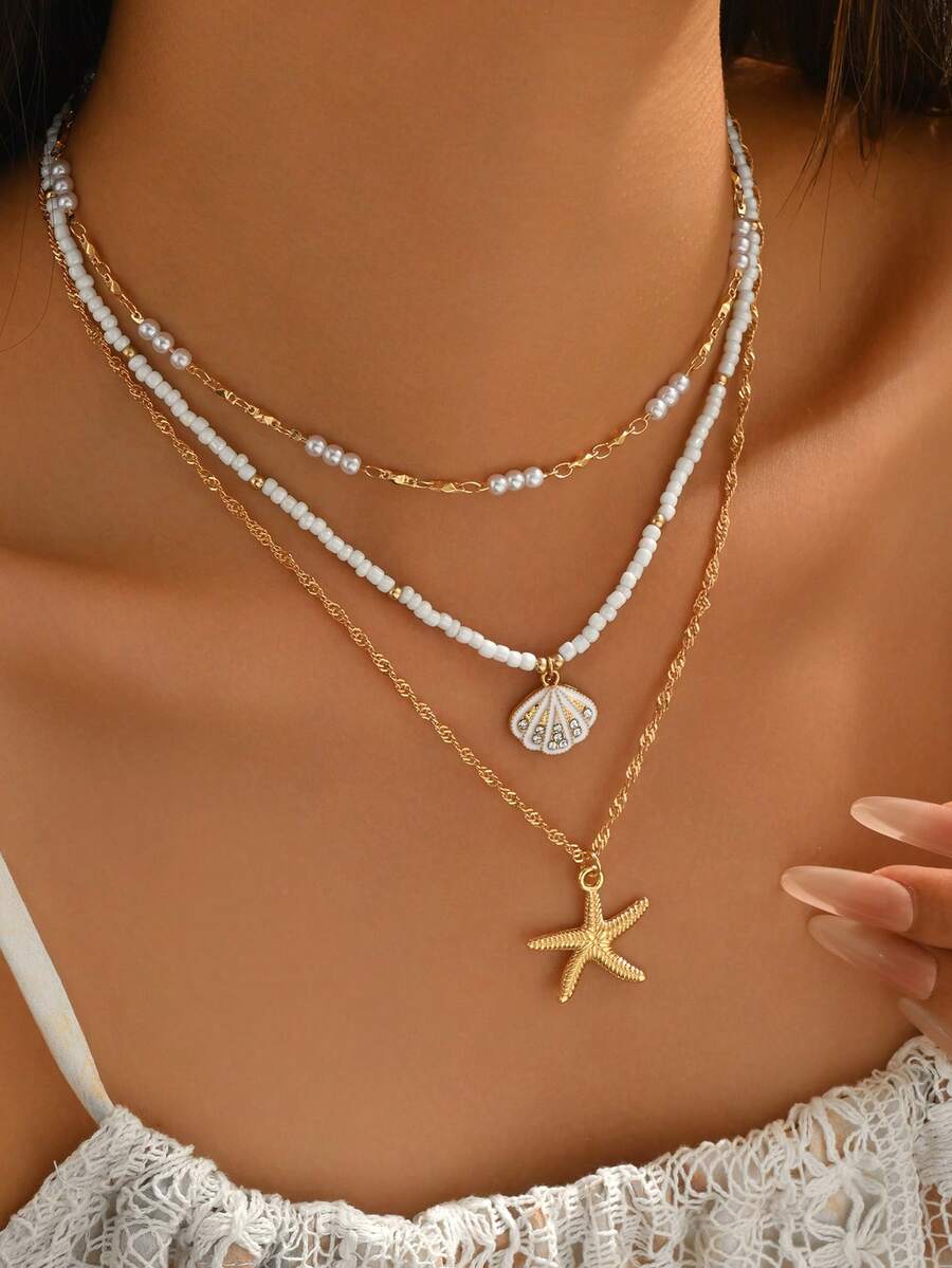 3pcs Summer Boho Style Daisy, Alloy Starfish & Shell Pendant Necklace, Handmade Multi-Layer Adjustable Chain Jewelry For Daily Wear And Beach Vacation Photo Shoot - Multicolor - View 1