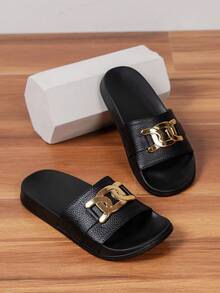 Women's Fashionable Minimalist Casual Metal Decor Flat Open Toe Slip-On Sandals, Suitable For Spring/Summer, Everyday Wear, Home & Holiday - Black - View 6