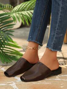 棕色平底拖鞋，方头设计，百搭休闲女鞋 - 棕色 - 查看 5