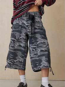 Vintage Washed Camo Cargo Capri Pants, Adjustable Drawstring Women's High Waist Multi Pocket Baggy 7/8 Trousers, Y2K Streetwear Casual Pants - Xám - Xem 1