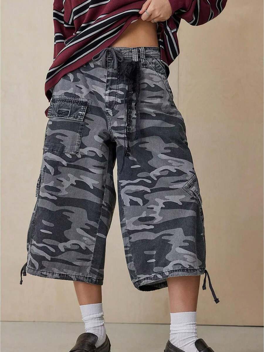 Vintage Washed Camo Cargo Capri Pants, Adjustable Drawstring Women's High Waist Multi Pocket Baggy 7/8 Trousers, Y2K Streetwear Casual Pants - Xám - Xem 1