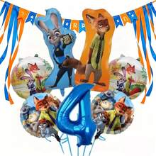 7 st officiellt licensierade tecknade räv- och kanintema orange och blå festballongdekorationsset, inklusive blå folieballonger med tecknat mönster, 32" blå folieballonger med siffrorna 1-9, grattis på födelsedagen, lämpliga för väggdekorationer till födelsedagsfesten, ballongdekorationstillbehör - Visa 6