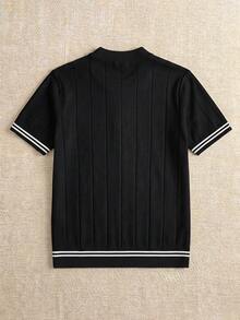 Men's Mock Neck Striped Trim Ribbed Knit Short Sleeve Top Casual Daily Wear - Black - View 4