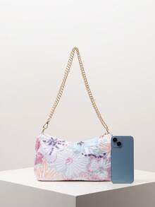 Sequin Floral Embroidered Women's Shoulder Bag, Metal Chain Strap, Suitable For Evening, Party, Wedding - Multicolor - View 3