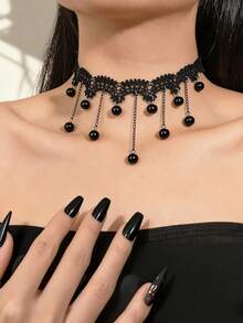 1件装女士蕾丝镂空黑色串珠流苏项链，哥特式颈链 - 彩色 - 查看 5