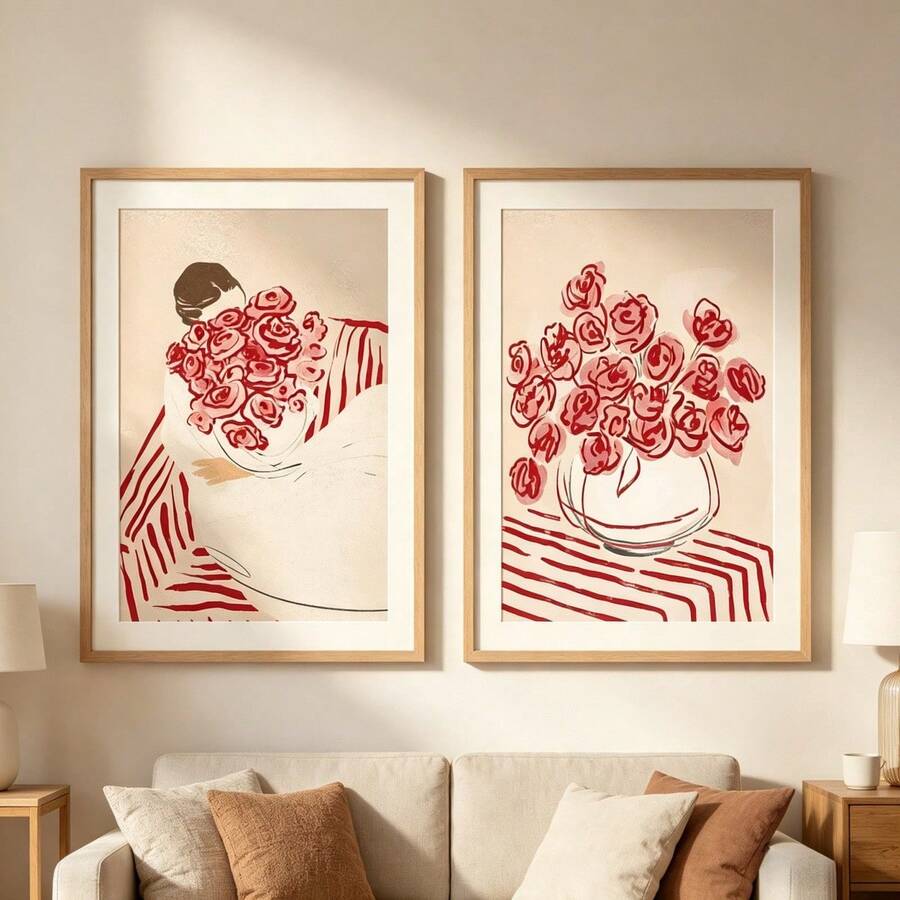 2幅/套 无框帆布墙画海报,玫瑰花卉女性抽象帆布印刷海报,亲生物植物插画,现代简约植物艺术印刷品,适用于客厅、卧室装饰,理想的墙面艺术家居装饰海报 - A - 查看 1