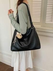 1 pieza Bolso de mano de unicolor de PU con dije desmontable de oso, bolso de hombro de gran capacidad, adecuado para trabajador de oficina/estudiante para uso diario - Negro - Ver 4