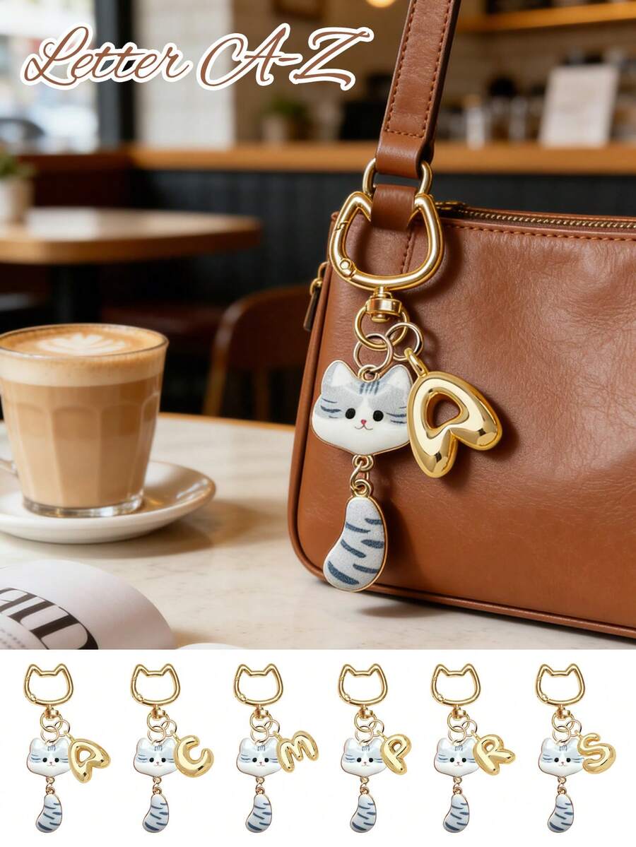 Cartoon Cute Color Printed Cat Alloy Letter Pendant, Bubble Gold Initial Letter Women's Keychain, Drip Oil Drip Printed Tail Cat Keychain Pendant, Personalized Bag Decoration, Handbag Backpack Wallet Hanging Accessories, Cup Decoration Pendant - Multicolor - View 1