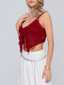 Women Front Tie Crop Top Y2k Halter Neck Open Front Backless Flowy Trim Summer Going Out Tank Top Camisole Streetwear - Red - View 3