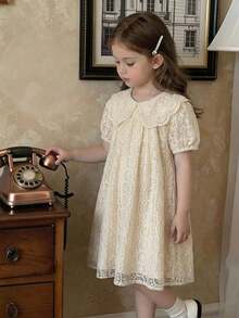 Đầm chữ A không tay hai lớp ren thanh lịch cho bé gái, cổ Peter Pan, đầm công chúa thoáng khí, thích hợp cho mùa hè. - Màu be - Xem 4