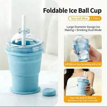 Foldable Ice Ball Cup With Built-In Straw Silicone  Ice Making Cup Mold Portable Summer Outdoor Travel Drink Water Cup - Màu xanh lam - Xem 2