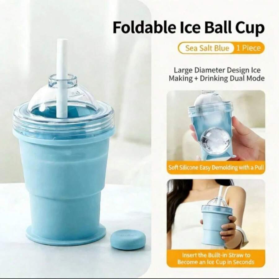 Foldable Ice Ball Cup With Built-In Straw Silicone Ice Making Cup Mold Portable Summer Outdoor Travel Drink Water Cup - 藍色 - 查看 1