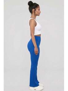 Pantalones acampanados de cintura alta de punto acanalado de color liso para mujer, pantalones básicos casuales para todas las estaciones. - Real - Ver 2