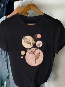 Women's Floral T-Shirt With Round Neck, Short Sleeves, 100% Cotton, Comfortable, Casual, Summer. - 黑色 - 查看 2