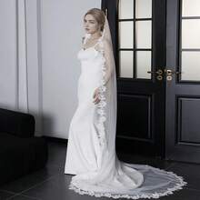 1pc Bridal Wedding Dress Long Trailing Lace Trim Veil, Single Layer Wedding Photography Accessory - White - View 3