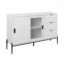 Modern Sideboard With Sliding Glass Door And 3 Drawers, Console Table For Entryway, Kitchen Sideboard For Hallways, Entrances, Kitchens, Studies, White - White - View 11