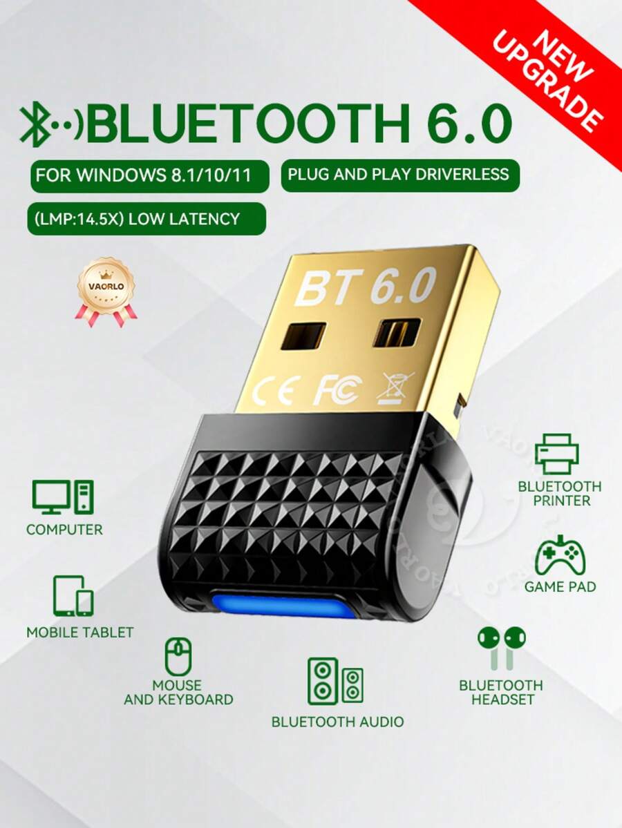 全新升级版 USB 蓝牙 6.0 (LMP:14.5X) 无线适配器，兼容 Windows 11/10/8.1 电脑，适用于无线鼠标、键盘、耳机、蓝牙音箱和蓝牙打印机。 - 查看 1