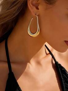 1 Pair Women's Minimalist Glossy Water Drop Hoop Earrings, Shiny Metal Large Circle Earrings, Versatile For Work And Daily Wear, Flattering And Elegant - Yellow Gold - View 2