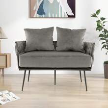 Loveseat Sofa, Upholstered 2 Seat Sofa Couch With Dutch Velvet, Woven Back And Arms, 2 Pillows, Removable Padded Cushion, 5 Solid Metal Legs, For Living Room Apartment Reception Room (Gray) - Grey - View 7
