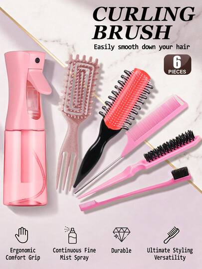 Bộ lược chải tóc 1/2/3/4/5/6 chiếc dành cho nam và nữ, bộ lược dùng để đánh rối, chải viền và chải ngược, lược 9 hàng phiên bản mới, (200 ml) Bình xịt nước đa chức năng nhỏ gọn, phun liên tục áp suất cao, dùng để bổ sung nước khi đi du lịch, lược đánh rối tóc, lược đuôi chuột, lược chải viền, lược định hình lọn tóc, dụng cụ tạo kiểu tóc hàng ngày (Màu hồng)