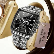Square Men Chronograph Multifunction Watches Date For Male Clock Quartz Stainless Steel Band Wrist Watches Men  Fashion - Gold Blue - View 9
