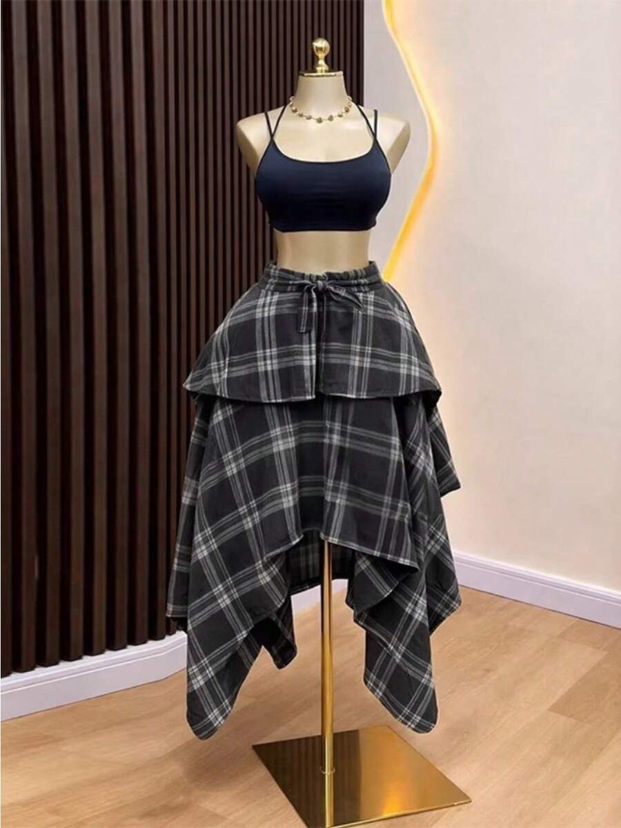 Personalized Fashion High Waist Plaid Stacked Fart Curtain Irregular Medium And Long Skirt - Color #1 - View 1