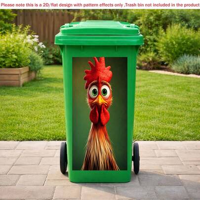 1pc 2D Flat Self-Adhesive Trash Can Sticker Funny Chicken Trash Bin Sticker, Cartoon Rooster Decal, Cute Kitchen Garbage Can Decor, 2D Flat Waterproof Sticker, PVC Material, Easy To Peel And Stick, Flat Art Sticker, Kitchen Storage