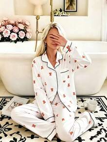 Nina Bonheur Bộ đồ ngủ dài tay cổ chữ V dành cho nữ (2 món) - Đồ ngủ và mặc nhà thoải mái, giản dị. - trắng - Xem 2