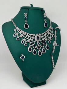 Juego de joyería de 4 piezas con colgante con borla de circonita cúbica con forma de corazón, aretes, pulsera y anillo. Accesorio elegante para fiesta, boda y novia - azul real - Ver 3